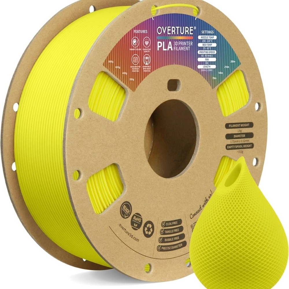 Overture 3D Printer Filament Yellow – High-Quality, Smooth Printing, 1.75mm